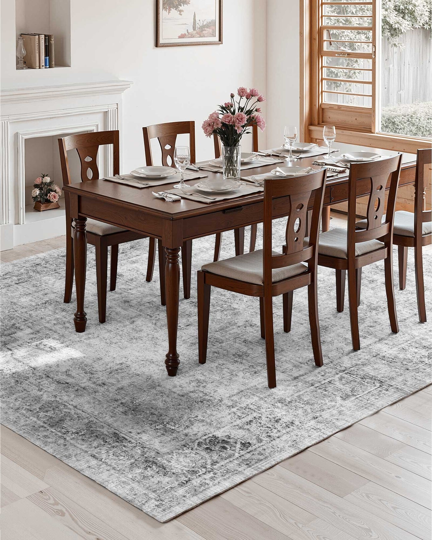 Area Rug, 9 x 12 ft Large Washable Boho Rug, Non-Slip and Tear-Resistant Soft Carpet, Pet & Child Friendly Bohemian Area Rugs, Indoor Mat for Bedroom, Living Room, Kids Room, Office, Gray