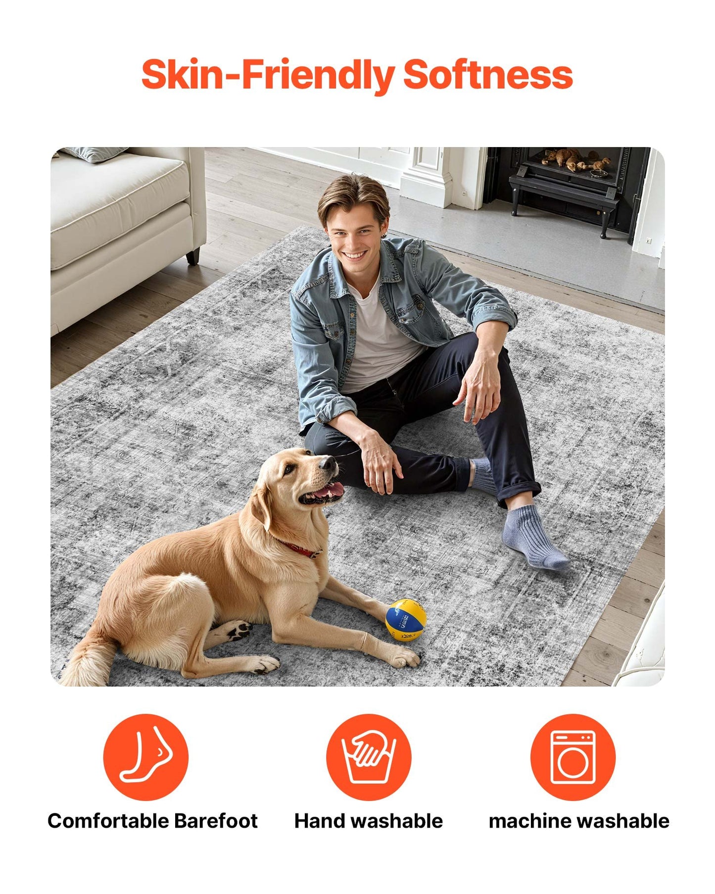 Area Rug, 9 x 12 ft Large Washable Boho Rug, Non-Slip and Tear-Resistant Soft Carpet, Pet & Child Friendly Bohemian Area Rugs, Indoor Mat for Bedroom, Living Room, Kids Room, Office, Gray