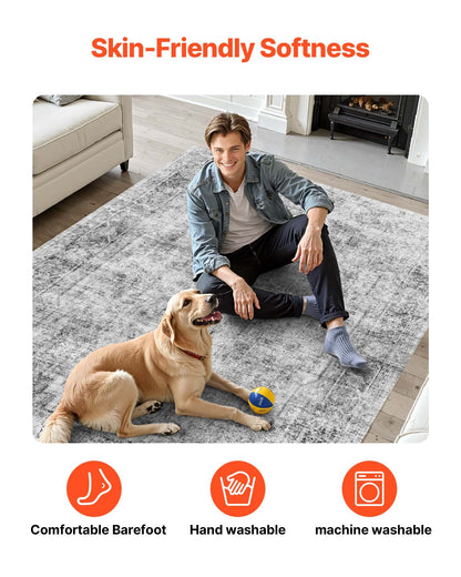 Area Rug, 9 x 12 ft Large Washable Boho Rug, Non-Slip and Tear-Resistant Soft Carpet, Pet & Child Friendly Bohemian Area Rugs, Indoor Mat for Bedroom, Living Room, Kids Room, Office, Gray