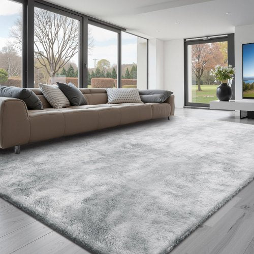 Indoor Plush Area Rugs, 9 x 12 ft Soft Plush Carpet, Furry Shag Area Rugs for Living Room, Bedroom, Modern Home Decor Aesthetic Long-Pile Rug, Non-Shedding, Slip-Resistant, Tie-Dye Light Gray