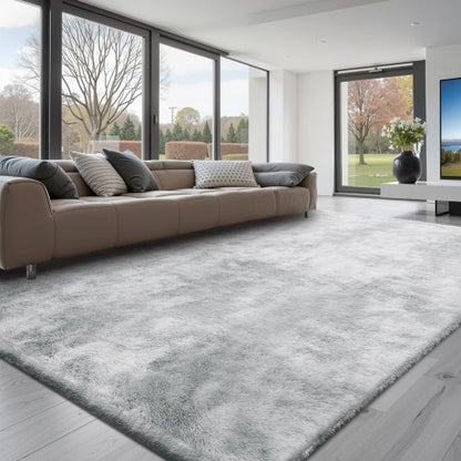 Indoor Plush Area Rugs, 9 x 12 ft Soft Plush Carpet, Furry Shag Area Rugs for Living Room, Bedroom, Modern Home Decor Aesthetic Long-Pile Rug, Non-Shedding, Slip-Resistant, Tie-Dye Light Gray