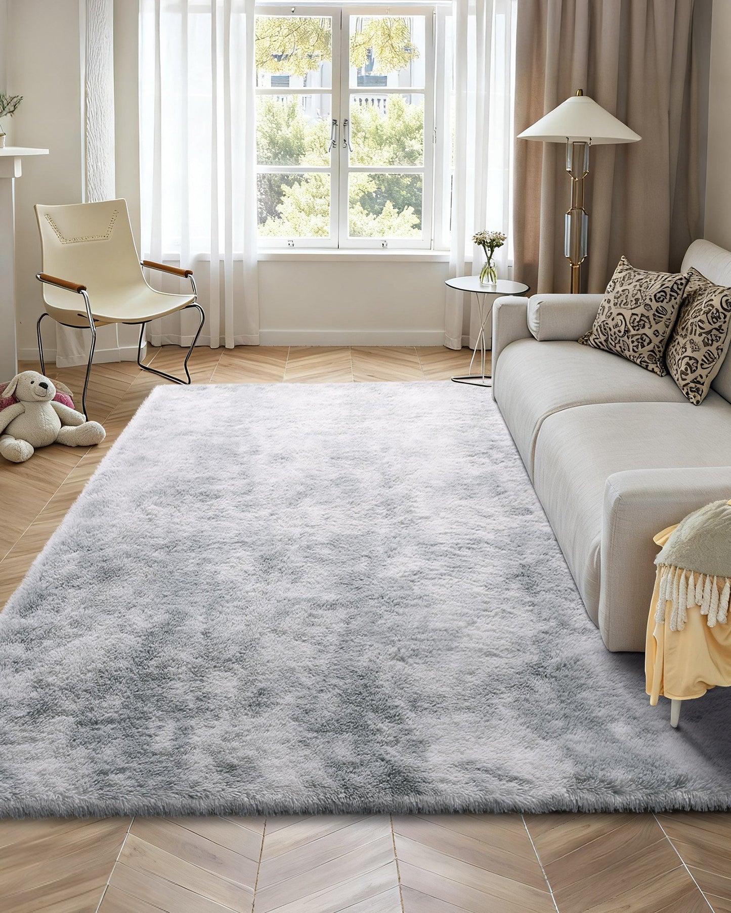 Indoor Plush Area Rugs, 9 x 12 ft Soft Plush Carpet, Furry Shag Area Rugs for Living Room, Bedroom, Modern Home Decor Aesthetic Long-Pile Rug, Non-Shedding, Slip-Resistant, Tie-Dye Light Gray