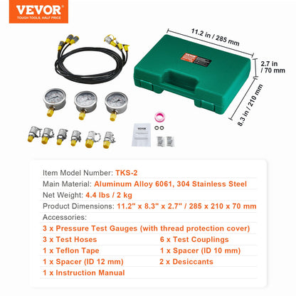 Hydraulic Pressure Test Kit, 250/400/600bar, 3 Gauges 6 Test Couplings 3 Test Hoses, Excavator Hydraulic Test Gauge Set with Portable Carrying Case for Excavator Tractors Construction Machinery