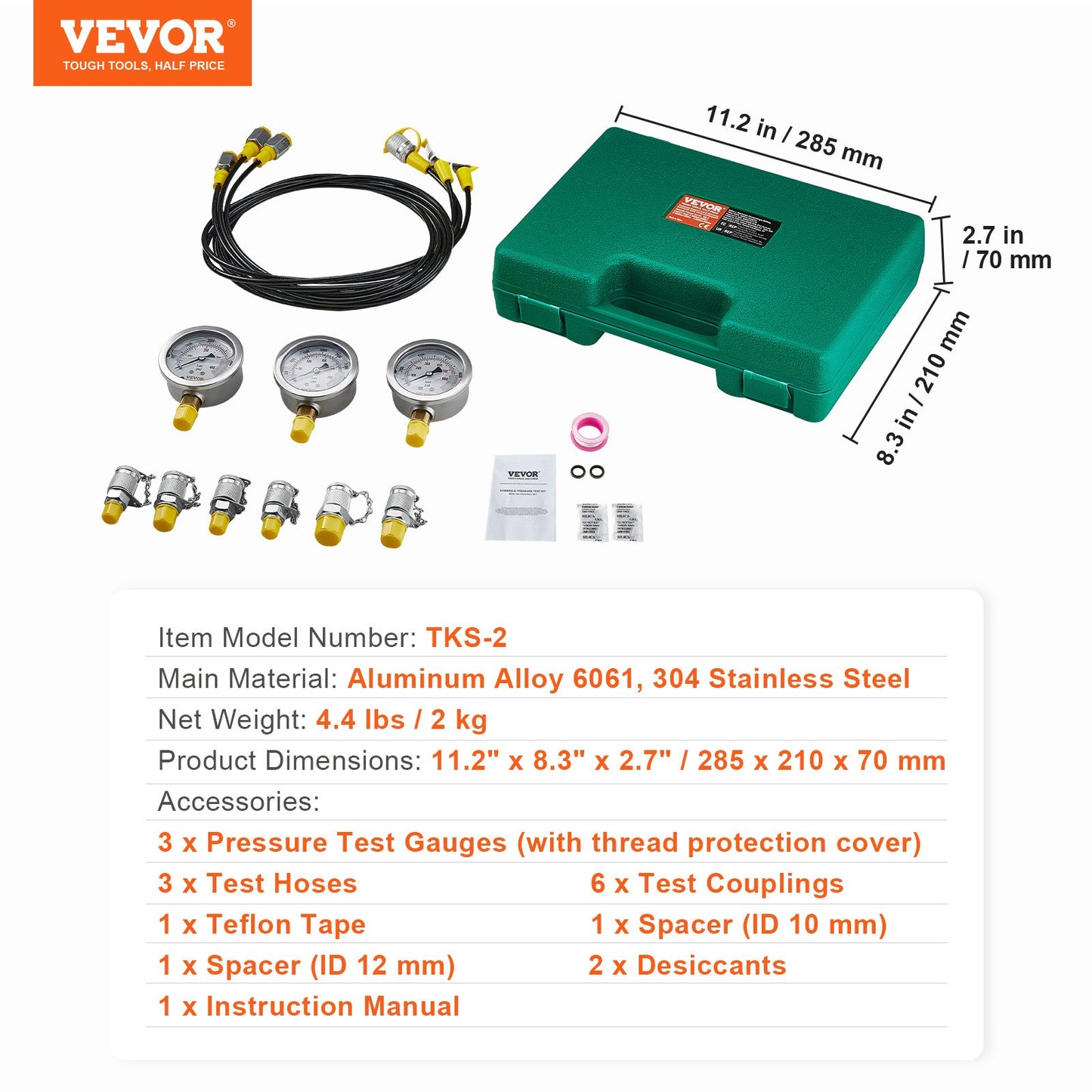 Hydraulikdruck-Prüfkoffer, 250/400/600bar, 3 Manometer, 6 Prüfkupplungen, 3 Prüfschläuche, Bagger Hydraulik-Prüfmesskoffer mit tragbarem Tragekoffer für Bagger, Traktoren, Baumaschinen