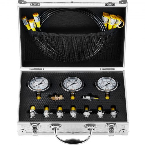 Hydraulic Pressure Test Kit, 250/400/600bar, 3 Gauges 9 Test Couplings 3 Test Hoses, Excavator Hydraulic Test Gauge Set with Portable Carrying Case for Excavator Tractors Construction Machinery