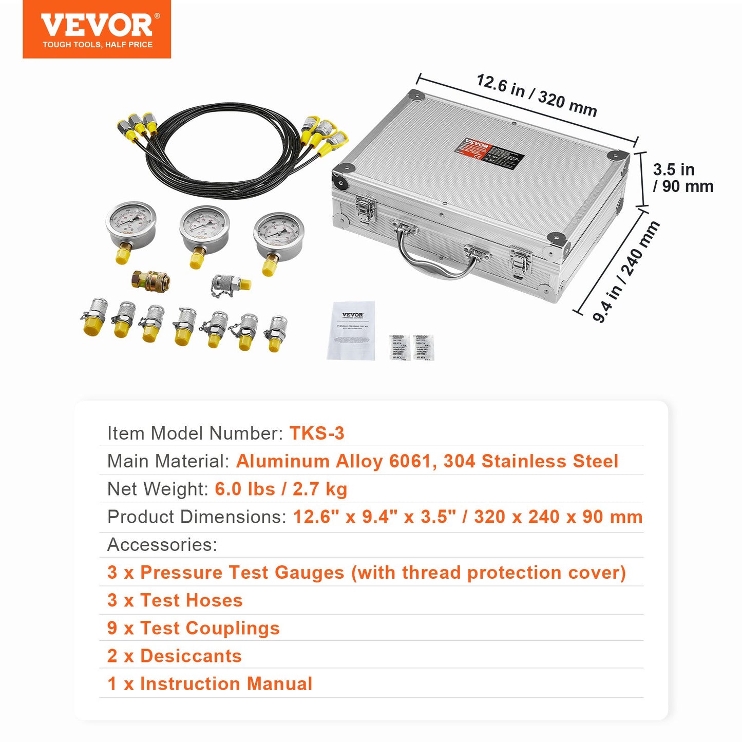 Hydraulic Pressure Test Kit, 250/400/600bar, 3 Gauges 9 Test Couplings 3 Test Hoses, Excavator Hydraulic Test Gauge Set with Portable Carrying Case for Excavator Tractors Construction Machinery