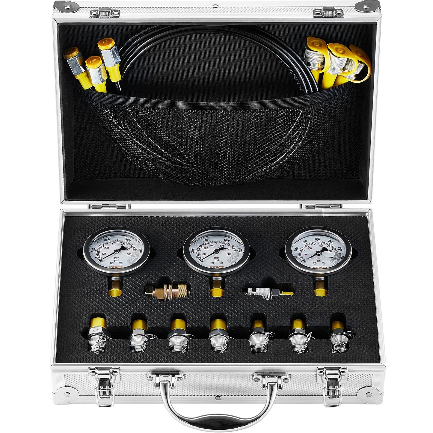 Hydraulikdruck-Prüfkoffer, 250/400/600bar, 3 Manometer, 9 Prüfkupplungen, 3 Prüfschläuche, Bagger Hydraulik-Prüfmesskoffer mit tragbarem Tragekoffer für Bagger, Traktoren, Baumaschinen