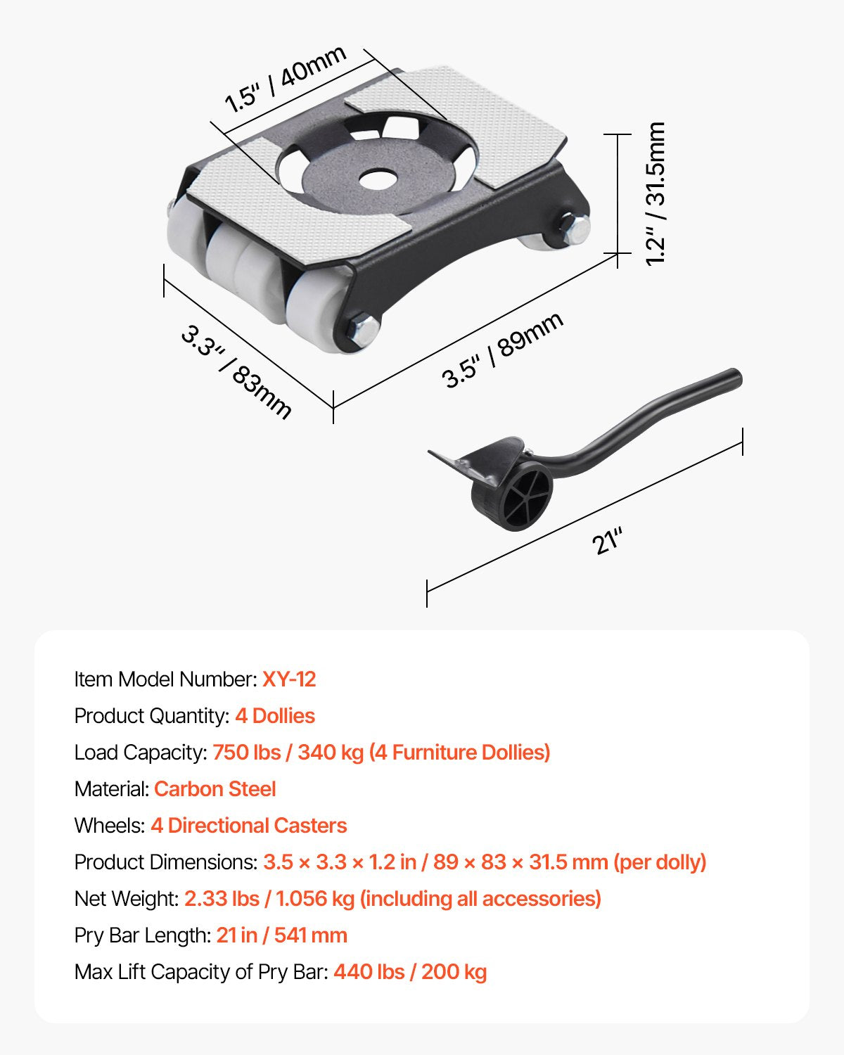Furniture Dolly Heavy Duty Möbelflyttare med hjul 750 lbs Kapacitet