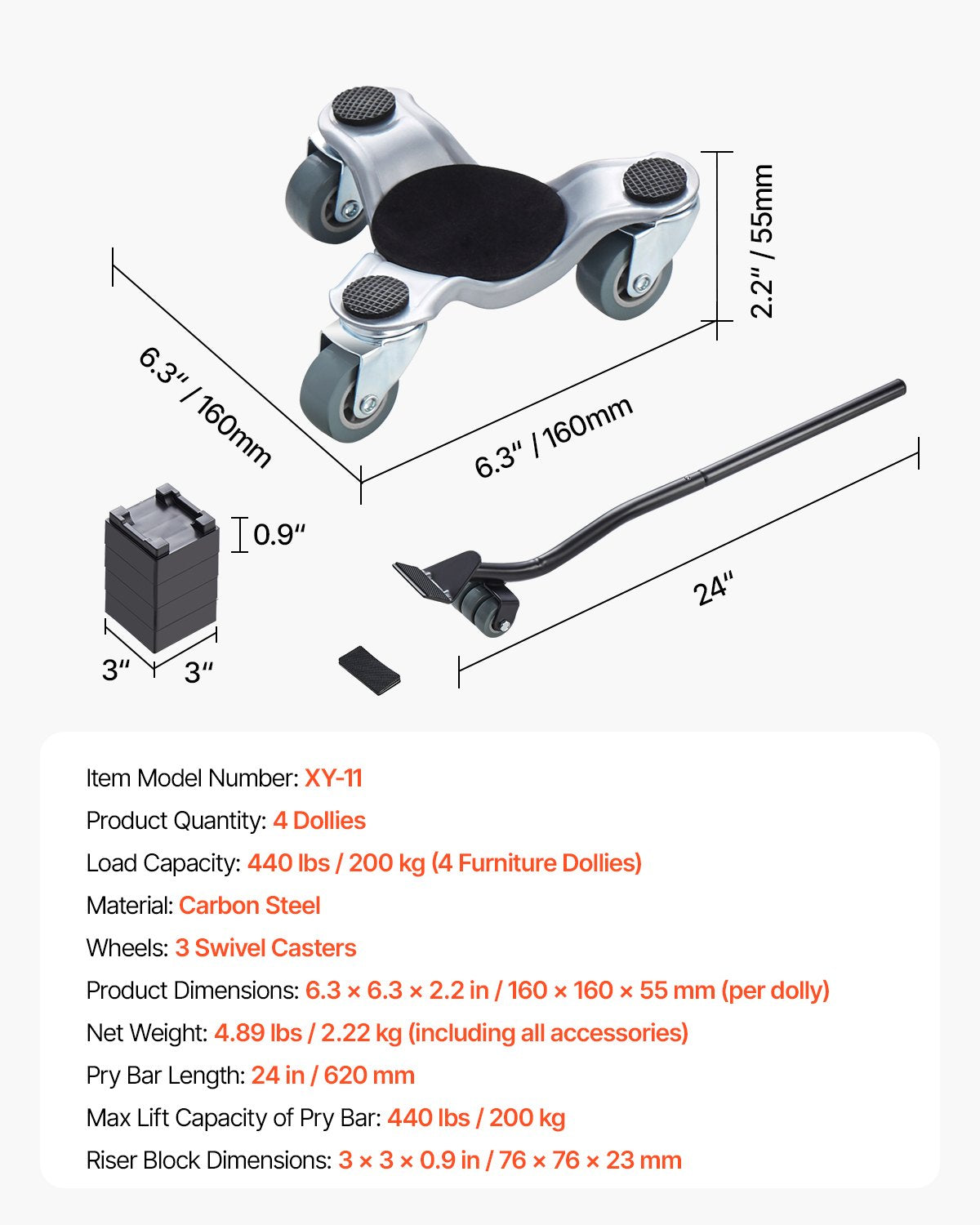 Furniture Dolly 4 st Stål Tri-dolly Set Furniture Mover 440 lbs Kapacitet