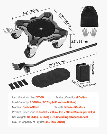 Furniture Dolly Heavy Duty Möbelflyttare med 5 hjul 1200 lbs Kapacitet