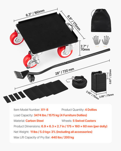 Furniture Dolly Heavy Duty Möbelflyttare med 5 hjul 3474 lbs Kapacitet