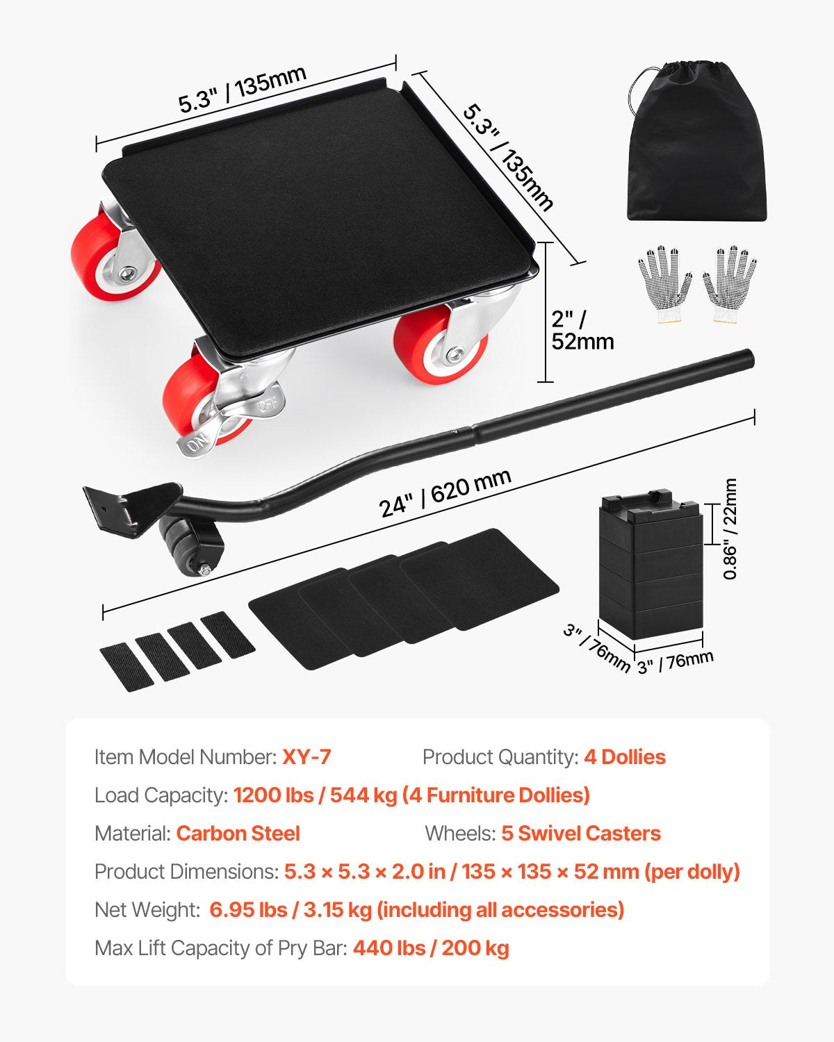 Furniture Dolly Heavy Duty Möbelflyttare med 5 hjul 1200 lbs Kapacitet