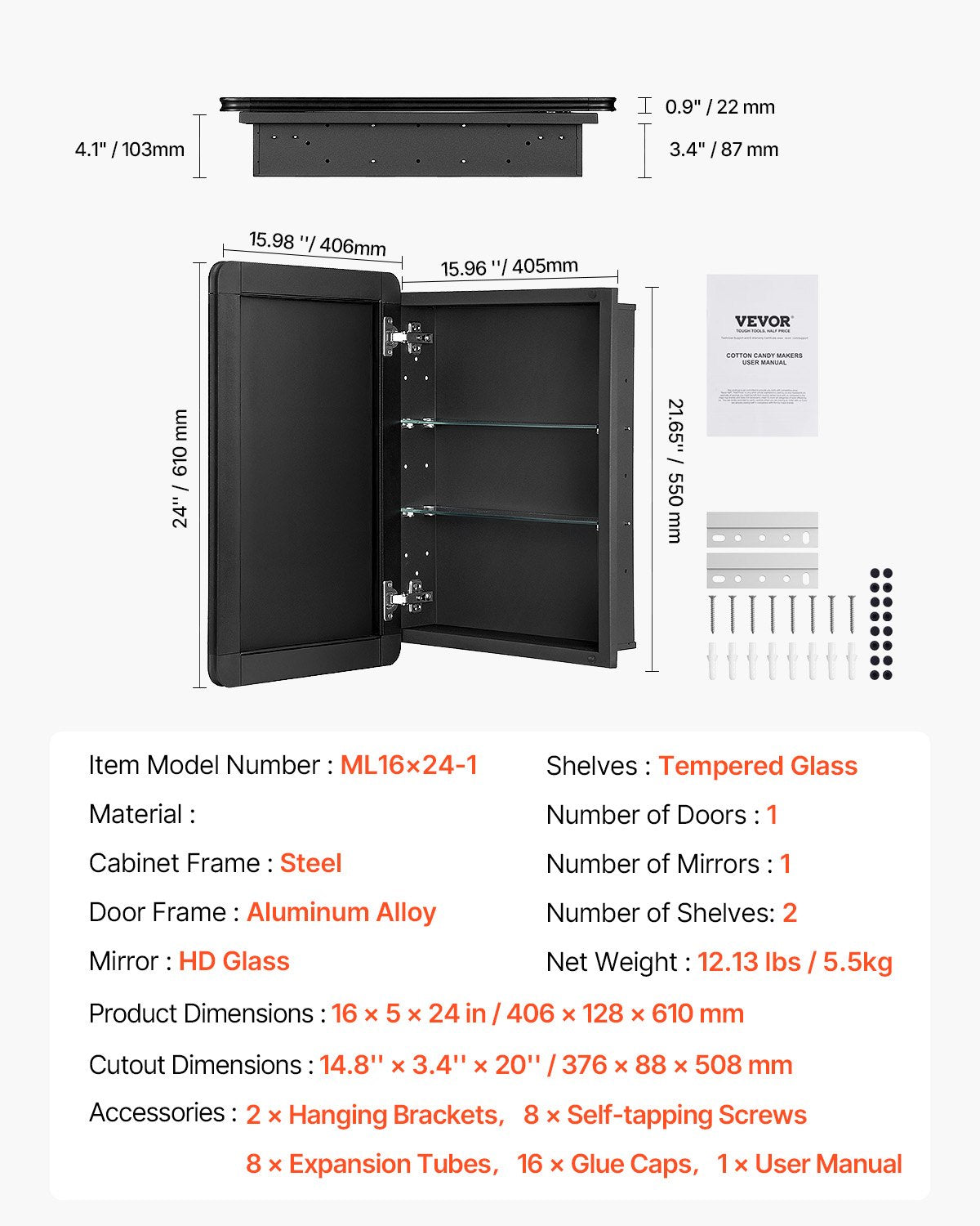 Medizinschrank, 40,6 x 61 cm, Spiegel, Medizinschrank, verstellbare Regale