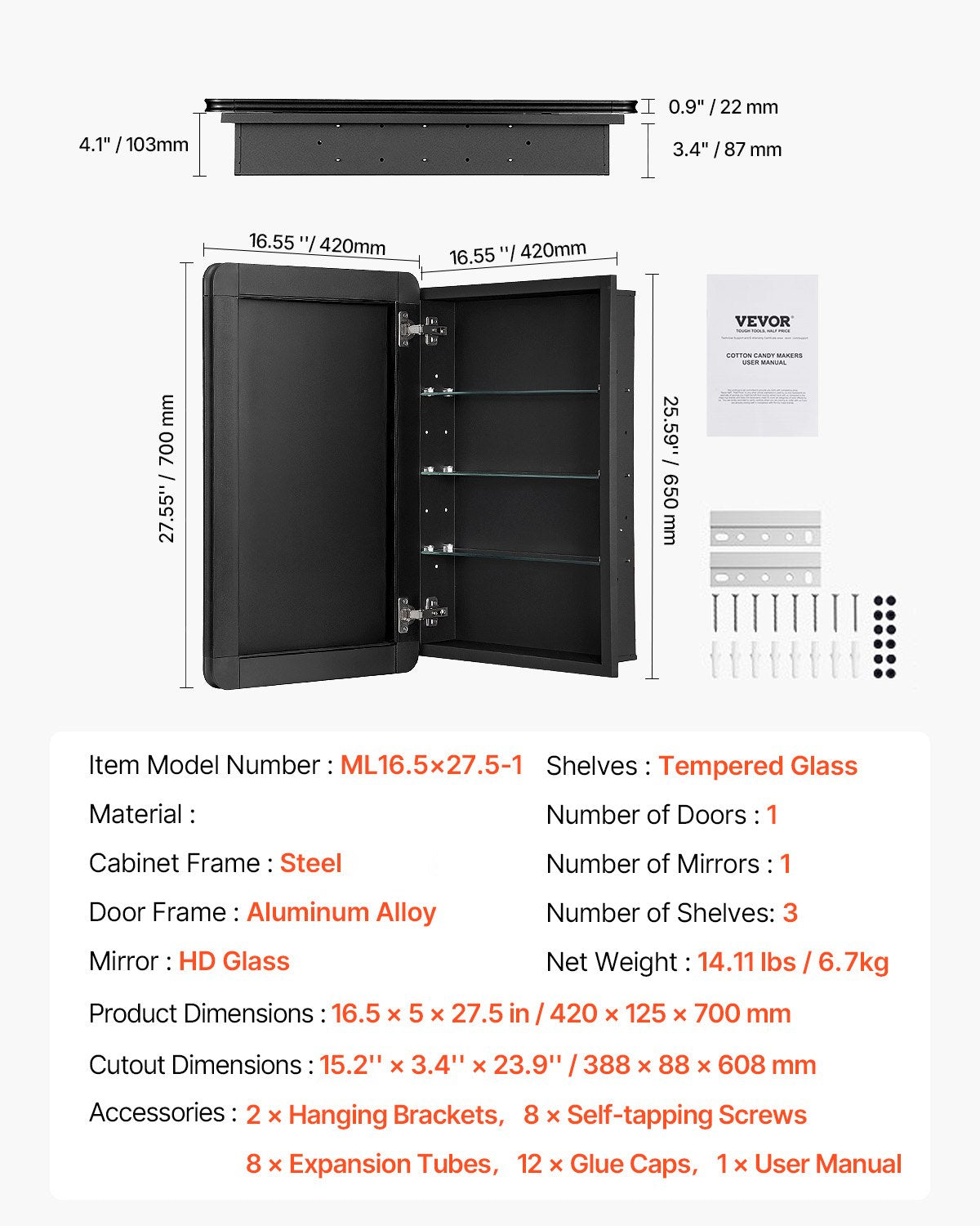 Medizinschrank, 41,9 x 69,1 cm, Spiegel, Medizinschrank, verstellbare Regale