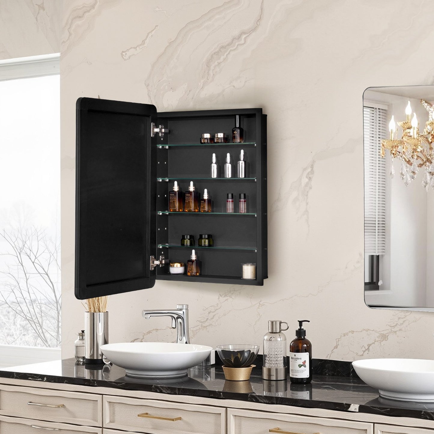 Medicine Cabinet, 20 x 30 inch, Medicine Cabinet for Bathroom with Mirror, Aluminum Frame Bathroom Wall Cabinet, 4-layer Adjustable Shelves, Recessed & Wall-mounted Installation