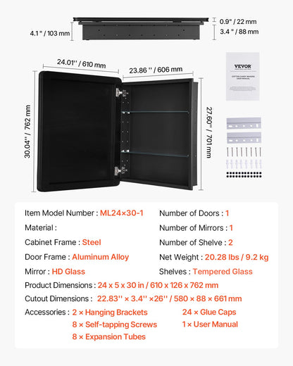 Medizinschrank, 61 x 76,2 cm, Spiegel, Medizinschrank, verstellbare Regale