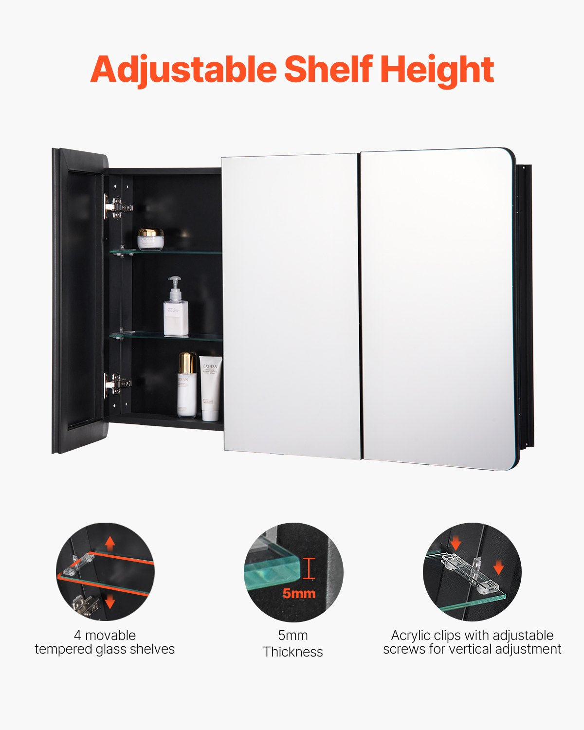 Medizinschrank, 64,5 x 101,6 cm, Spiegel, Medizinschrank, verstellbare Regale