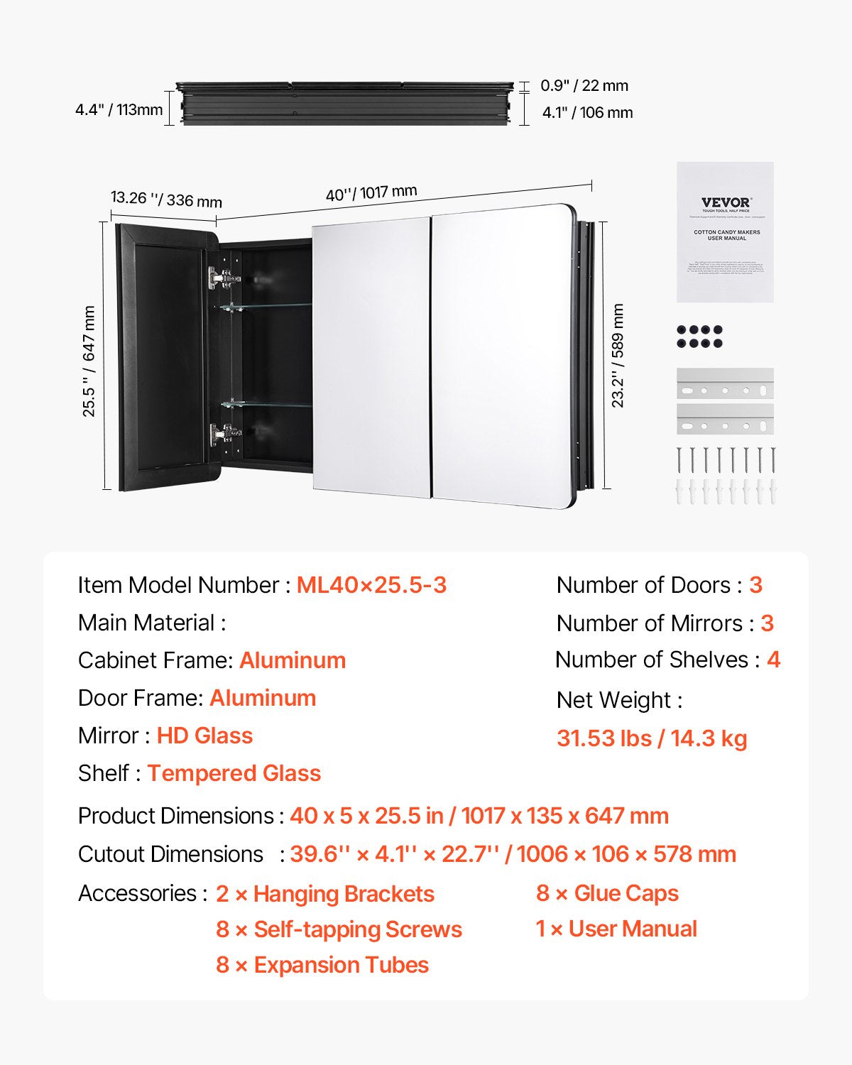 Medizinschrank, 64,5 x 101,6 cm, Spiegel, Medizinschrank, verstellbare Regale