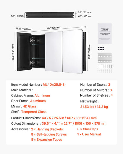 Medizinschrank, 64,5 x 101,6 cm, Spiegel, Medizinschrank, verstellbare Regale