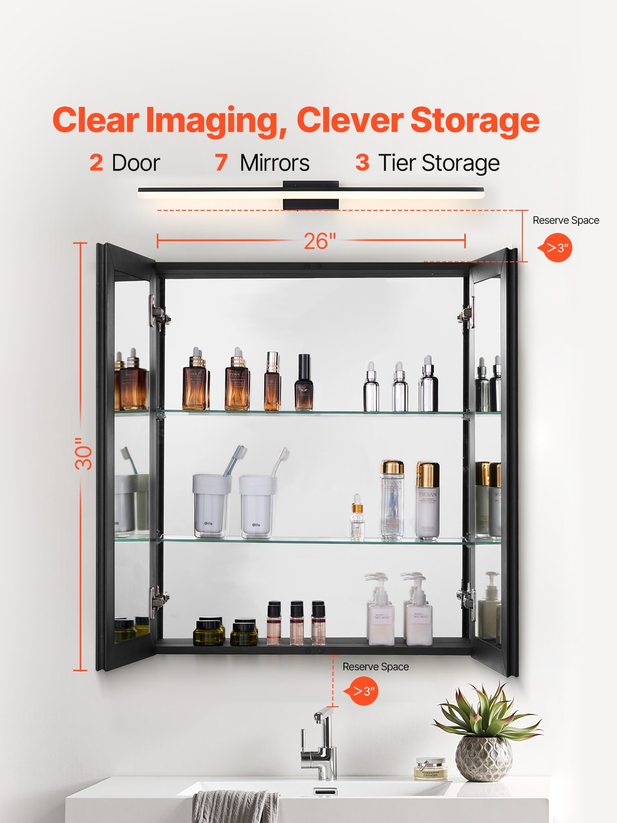 Medizinschrank, 66 x 76,2 cm, Spiegel, Medizinschrank, verstellbare Regale