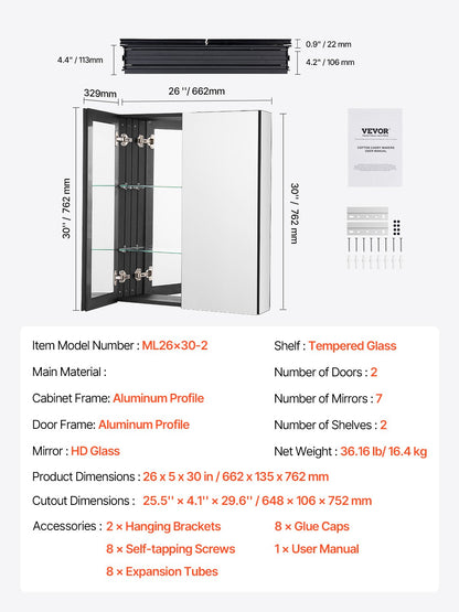 Medizinschrank, 66 x 76,2 cm, Spiegel, Medizinschrank, verstellbare Regale