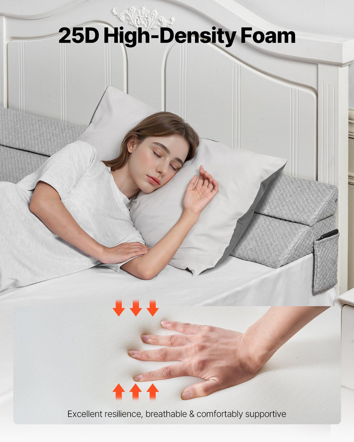 Bed Wedge Pillow for Headboard, Queen Size, 60"x10"x6" Bed Gap Filler, Fill 0-7" Gap Between Headboard and Mattress, 25D Foam Mattress Wedge Headboard Pillow with Side Pocket, for Backrest, Gray