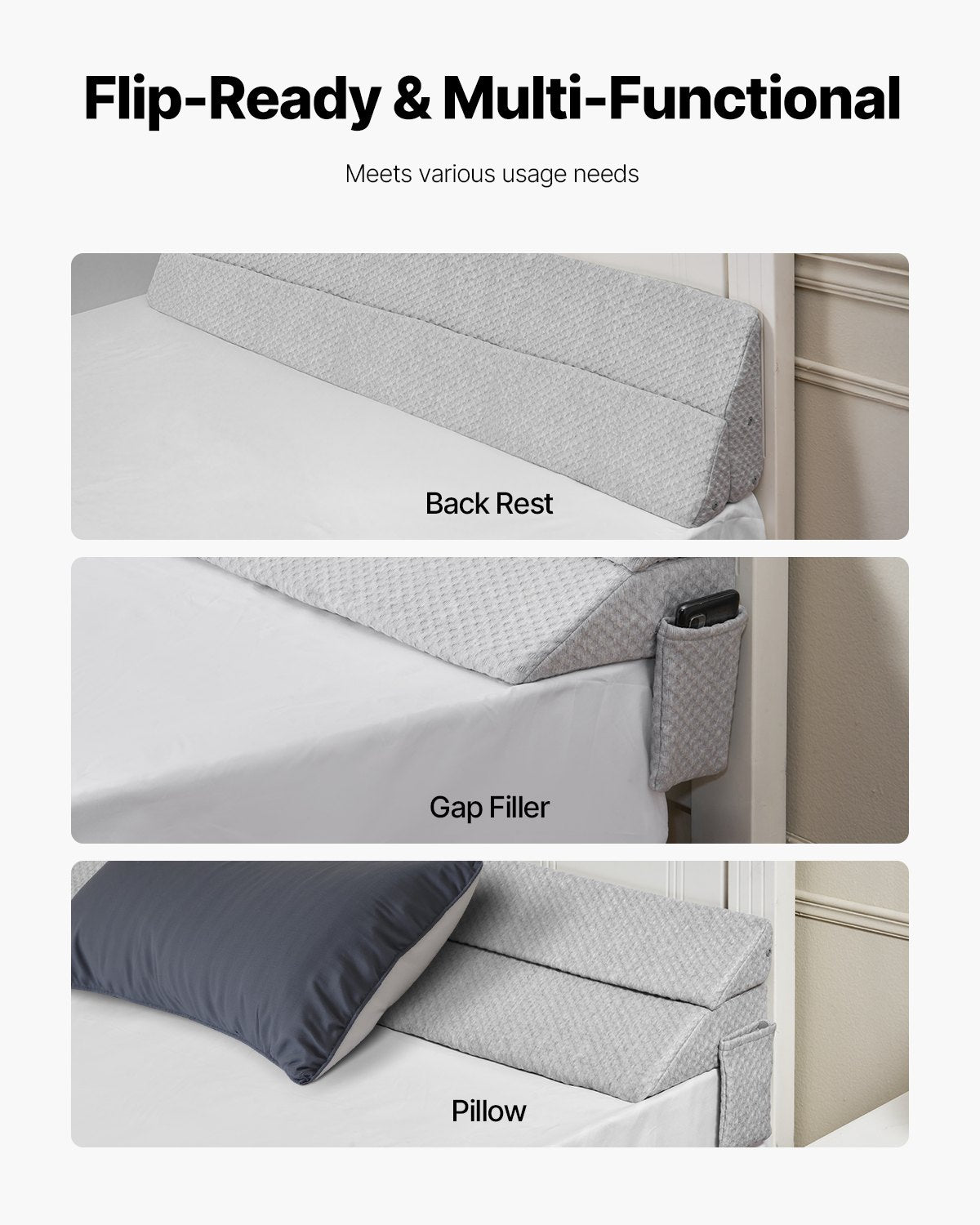 Bed Wedge Pillow for Headboard, Queen Size, 60"x10"x6" Bed Gap Filler, Fill 0-7" Gap Between Headboard and Mattress, 25D Foam Mattress Wedge Headboard Pillow with Side Pocket, for Backrest, Gray