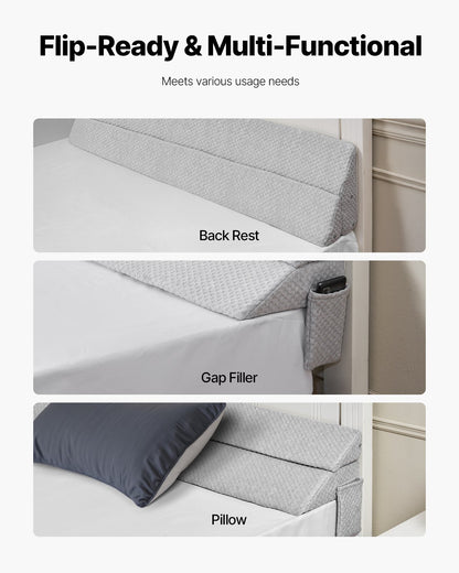 Bed Wedge Pillow for Headboard, Queen Size, 60"x10"x6" Bed Gap Filler, Fill 0-7" Gap Between Headboard and Mattress, 25D Foam Mattress Wedge Headboard Pillow with Side Pocket, for Backrest, Gray