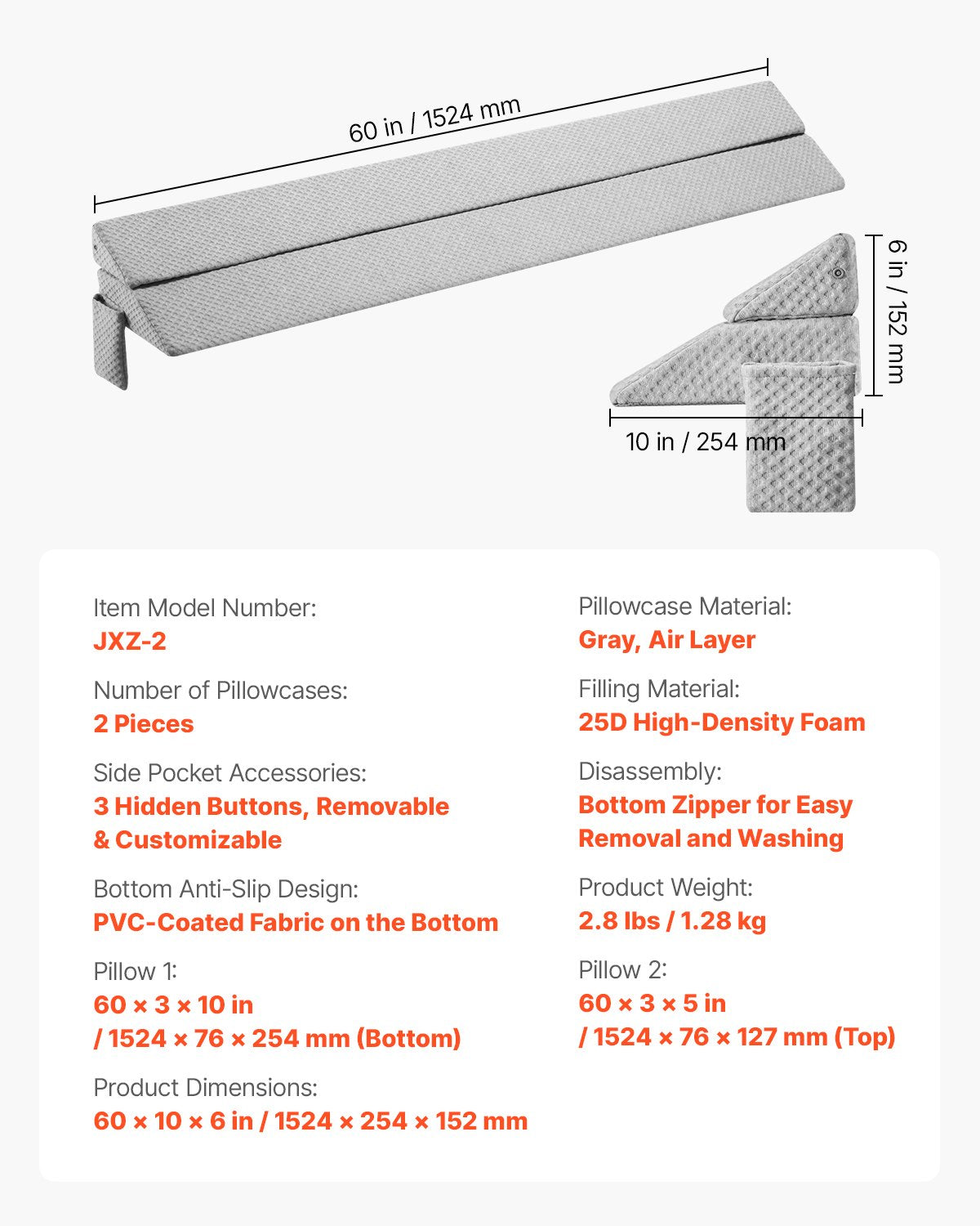 Bed Wedge Pillow for Headboard, Queen Size, 60"x10"x6" Bed Gap Filler, Fill 0-7" Gap Between Headboard and Mattress, 25D Foam Mattress Wedge Headboard Pillow with Side Pocket, for Backrest, Gray