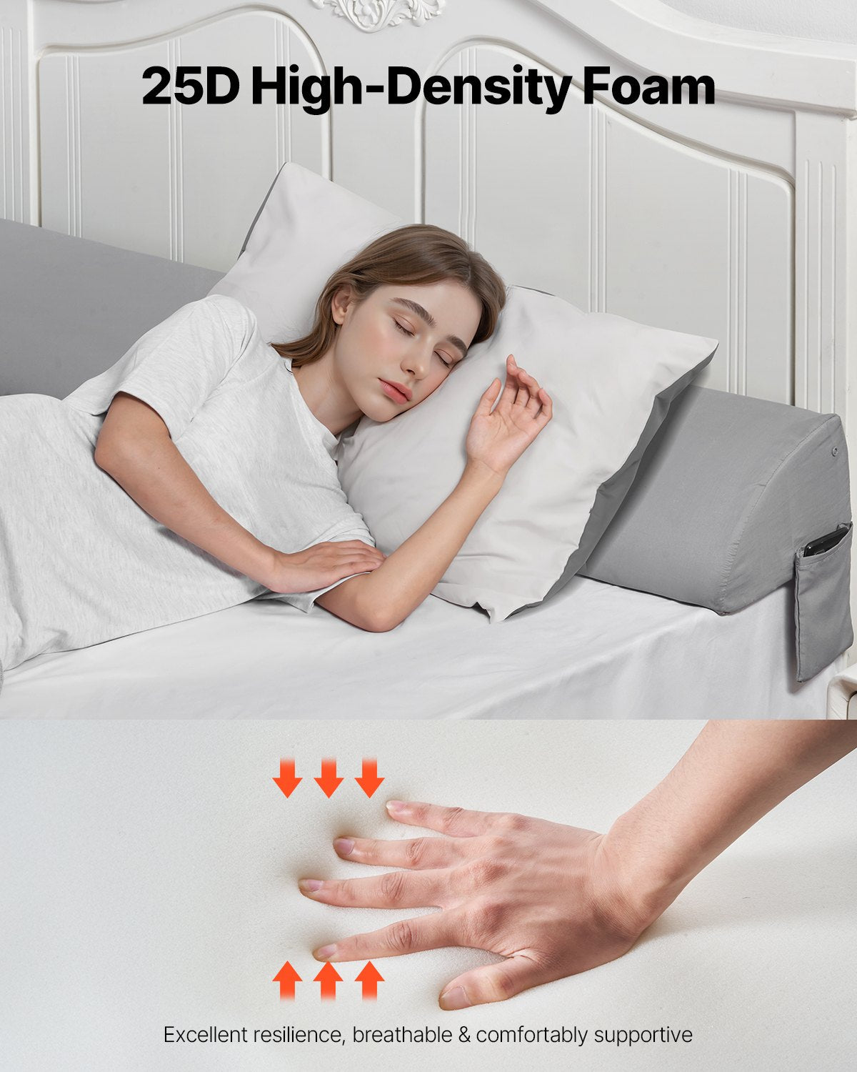 Bed Wedge Pillow for Headboard, King Size, 72"x10"x6" Bed Gap Filler, Fill 0-7" Gap Between Headboard and Mattress, 25D Foam Mattress Wedge Headboard Pillow with Side Pocket, for Backrest, Gray
