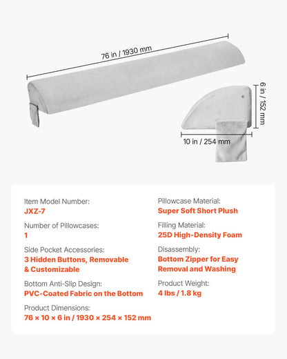 Bed Wedge Pillow for Headboard, King Size, 76"x10"x6" Bed Gap Filler, Fill 0-7" Gap Between Headboard and Mattress, Soft Plush Mattress Wedge Headboard Pillow with Side Pocket, for Backrest Gray
