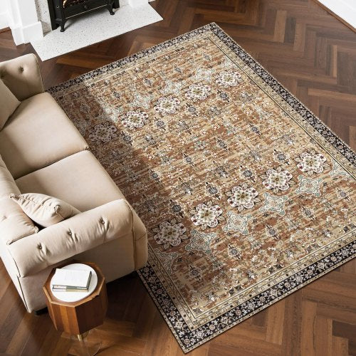 Area Rug, 6 x 9 ft Large Washable Rug, Non-Slip and Tear-Resistant Soft Carpet, Pet & Child Friendly Vintage Area Rugs, Indoor Mat for Bedroom, Living Room, Kids Room, Entryway, Brown Green