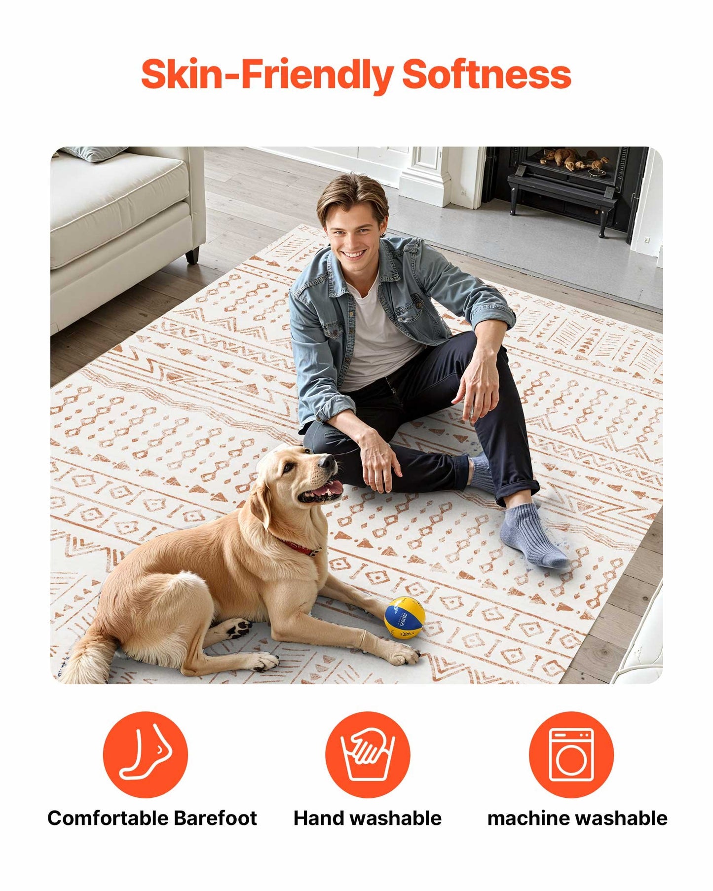 Area Rug, 6 x 9 ft Large Washable Rug, Non-Slip and Tear-Resistant Soft Carpet, Pet & Child Friendly Modern Area Rugs, Indoor Mat for Bedroom, Office, Living Room, Kids Room, Entryway, Beige