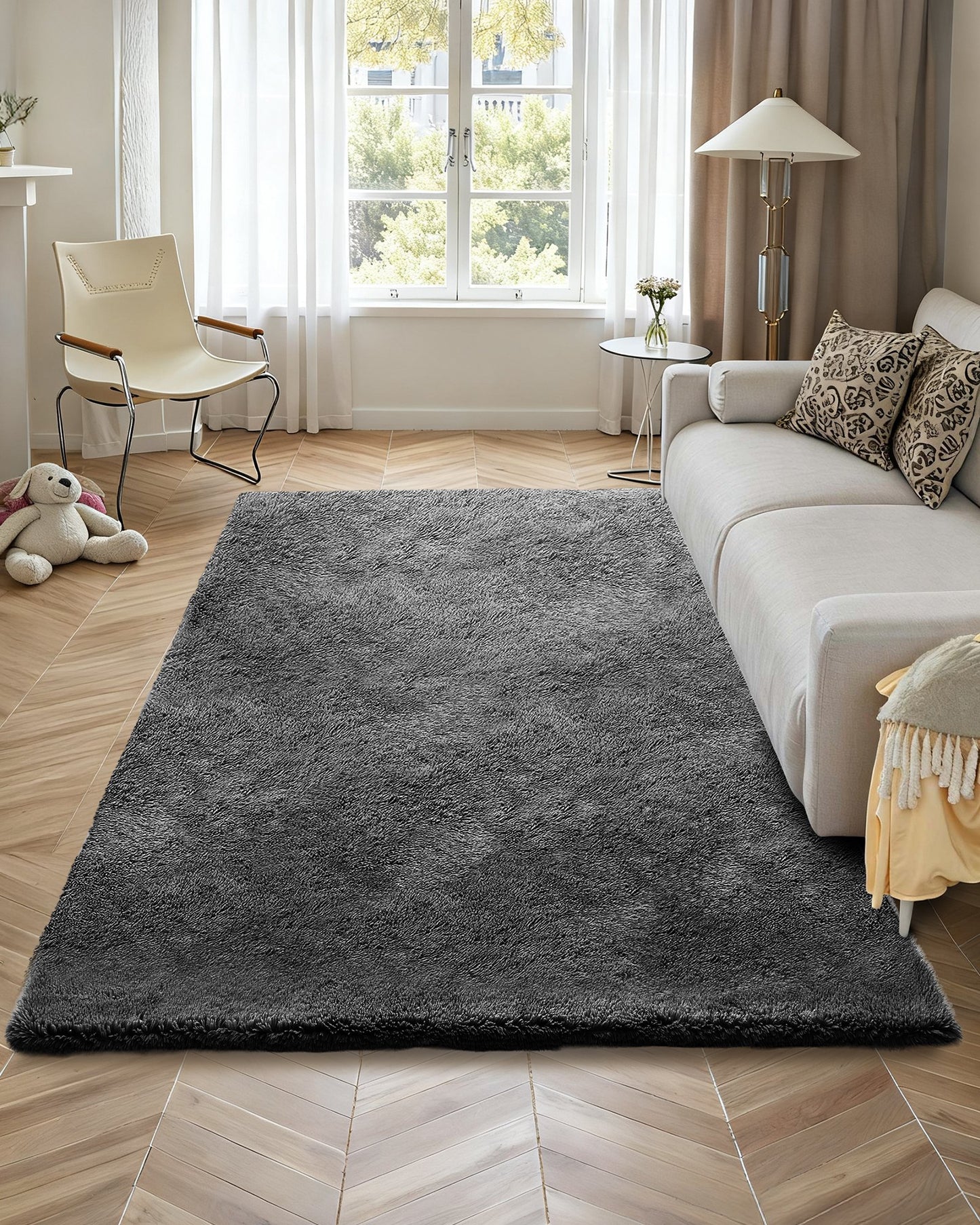 Indoor Plush Area Rugs, 5 x 8 ft Soft Plush Carpet, Furry Shag Area Rugs for Living Room, Bedroom, Sunroom, Modern Home Decor Aesthetic, Non-Shedding, Non-Woven, Slip-Resistant, Dark Gray