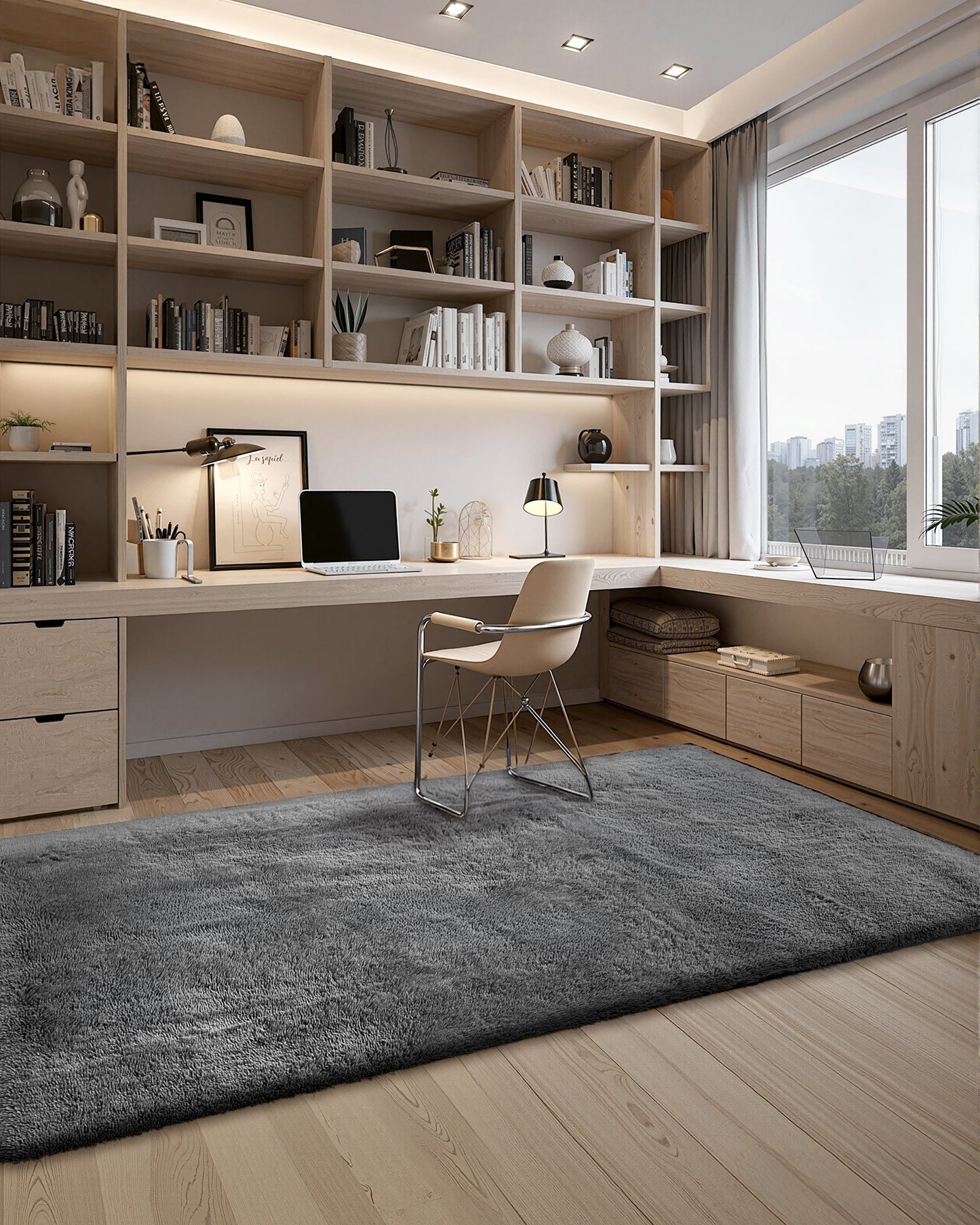 Indoor Plush Area Rugs, 5 x 8 ft Soft Plush Carpet, Furry Shag Area Rugs for Living Room, Bedroom, Sunroom, Modern Home Decor Aesthetic, Non-Shedding, Non-Woven, Slip-Resistant, Dark Gray