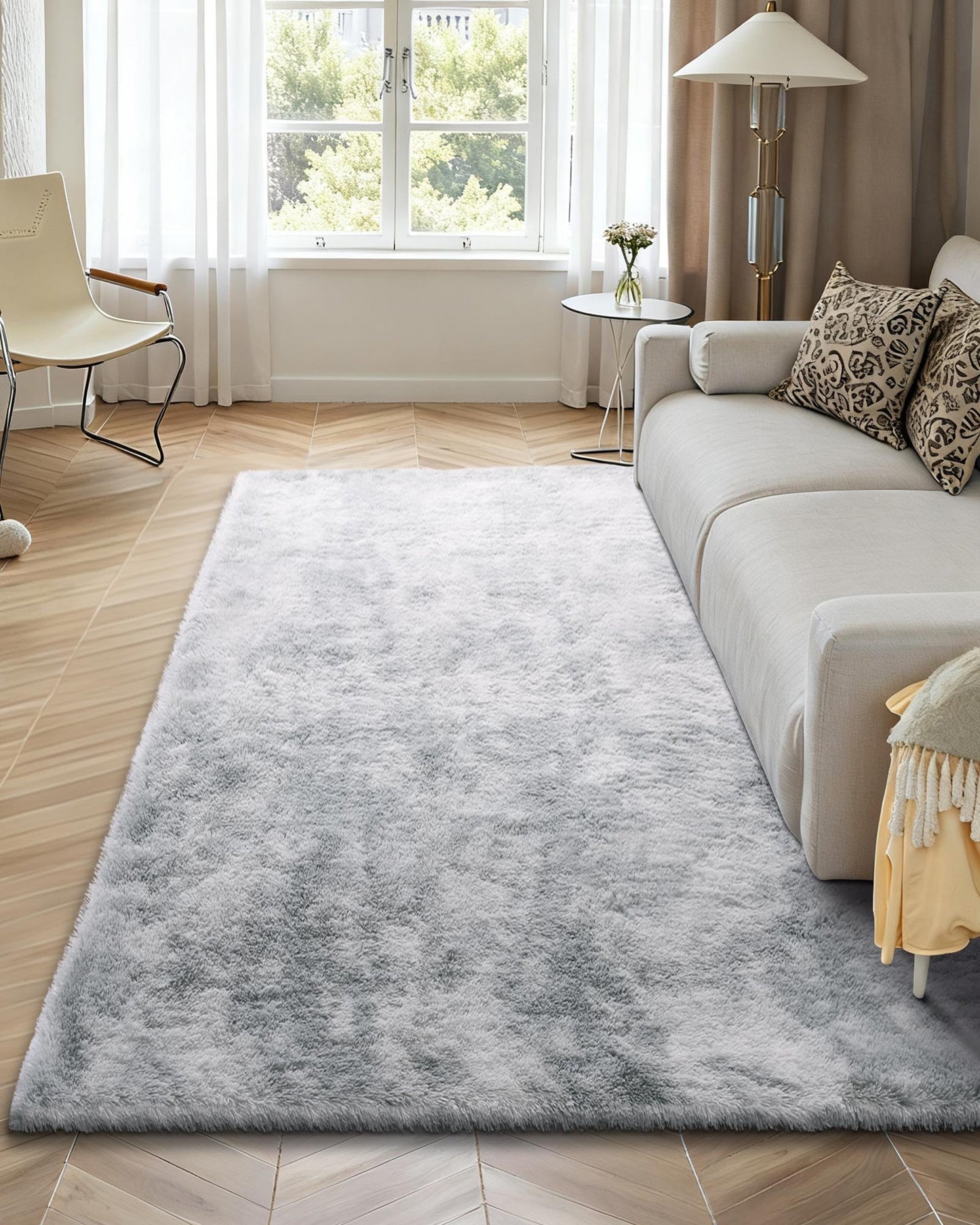 Indoor Plush Area Rugs, 6 x 9 ft Soft Plush Carpet, Furry Shag Area Rugs for Living Room, Bedroom, Modern Home Decor Aesthetic Long-Pile Rug, Non-Shedding, Slip-Resistant, Tie-Dye Light Gray