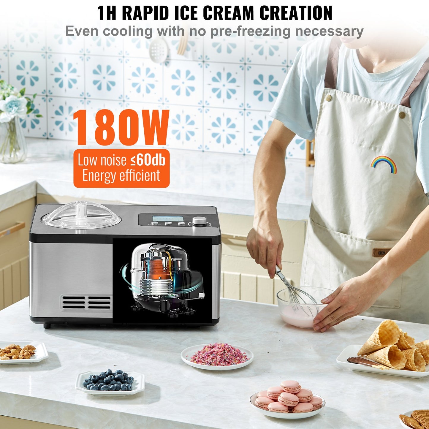 Automatic Ice Cream Maker with Built-in Compressor, 2 Quart No Pre-freezing Fruit Yogurt Machine, Stainless Steel Electric Sorbet Maker, 3 Modes Gelato Maker with LCD Display & Timer, Silver