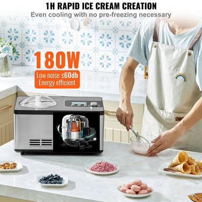 Automatic Ice Cream Maker with Built-in Compressor, 2 Quart No Pre-freezing Fruit Yogurt Machine, Stainless Steel Electric Sorbet Maker, 3 Modes Gelato Maker with LCD Display & Timer, Silver