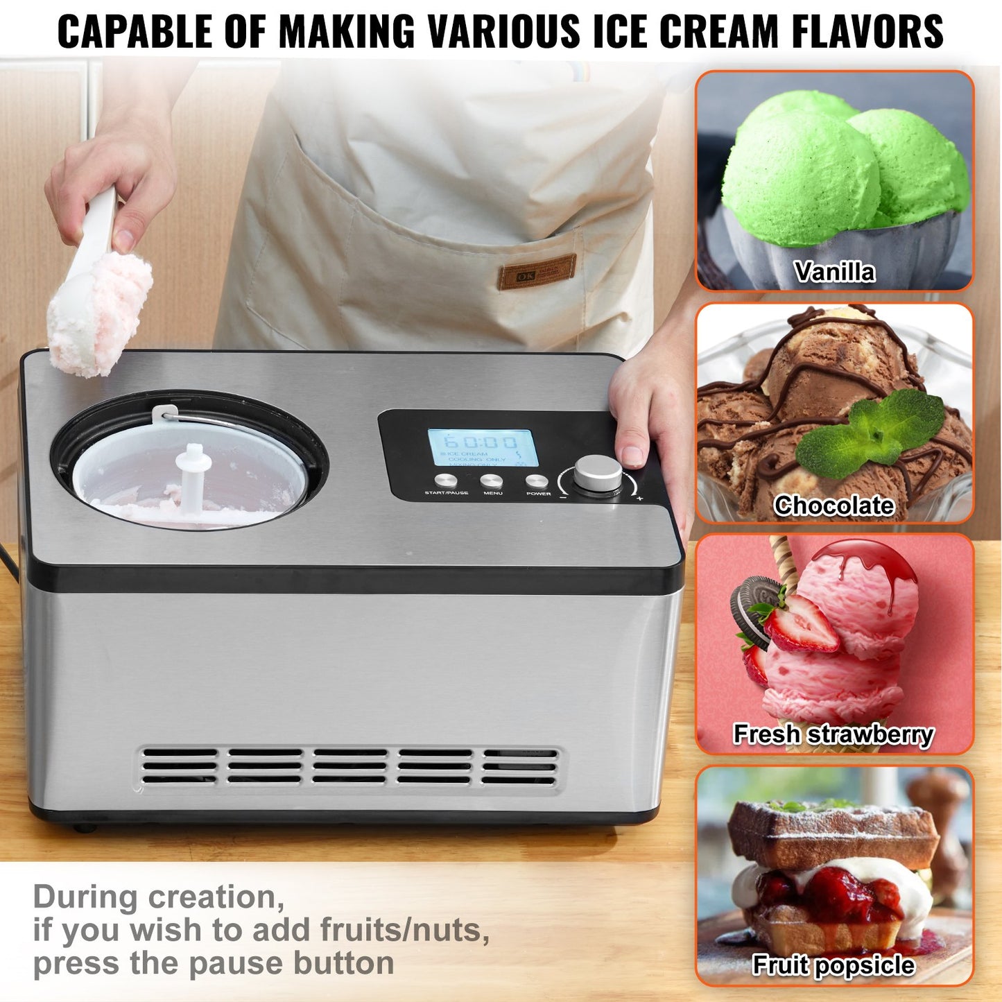 Automatic Ice Cream Maker with Built-in Compressor, 2 Quart No Pre-freezing Fruit Yogurt Machine, Stainless Steel Electric Sorbet Maker, 3 Modes Gelato Maker with LCD Display & Timer, Silver