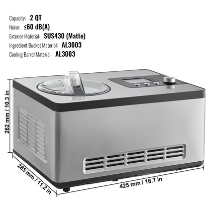 Automatic Ice Cream Maker with Built-in Compressor, 2 Quart No Pre-freezing Fruit Yogurt Machine, Stainless Steel Electric Sorbet Maker, 3 Modes Gelato Maker with LCD Display & Timer, Silver