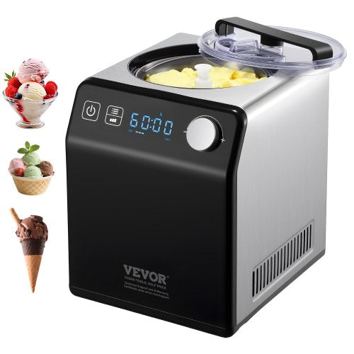 Upright Automatic Ice Cream Maker with Built-in Compressor, 2 Quart No Pre-freezing Fruit Yogurt Machine, Stainless Steel Electric Sorbet Maker, 4 Modes Gelato Maker with Digital Display & Timer