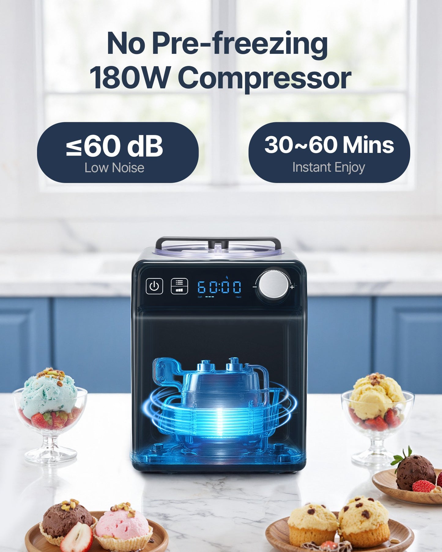 Upright Automatic Ice Cream Maker with Built-in Compressor, 2 Quart No Pre-freezing Fruit Yogurt Machine, Stainless Steel Electric Sorbet Maker, 4 Modes Gelato Maker with Digital Display & Timer