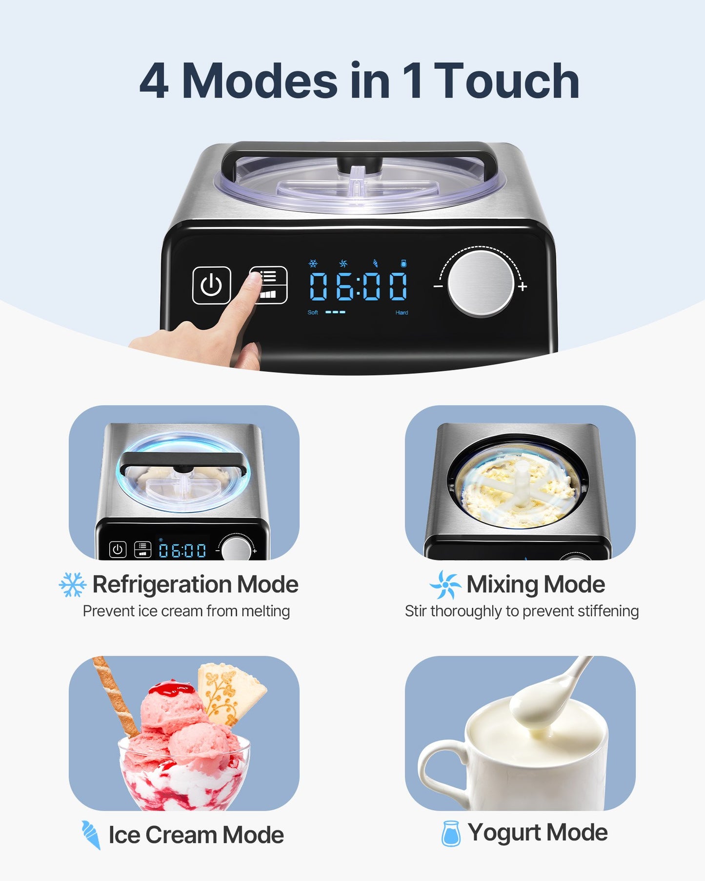Upright Automatic Ice Cream Maker with Built-in Compressor, 2 Quart No Pre-freezing Fruit Yogurt Machine, Stainless Steel Electric Sorbet Maker, 4 Modes Gelato Maker with Digital Display & Timer