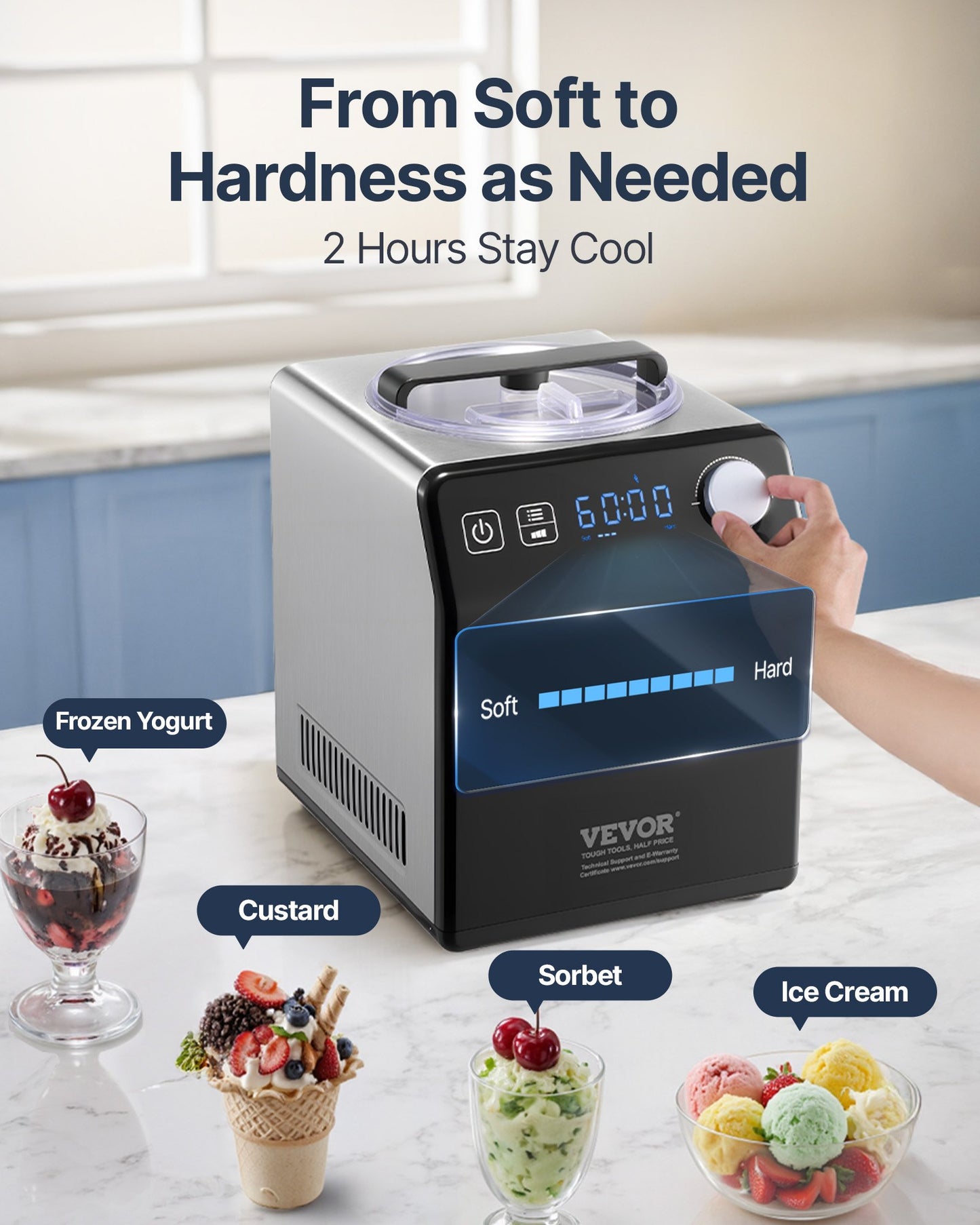 Upright Automatic Ice Cream Maker with Built-in Compressor, 2 Quart No Pre-freezing Fruit Yogurt Machine, Stainless Steel Electric Sorbet Maker, 4 Modes Gelato Maker with Digital Display & Timer