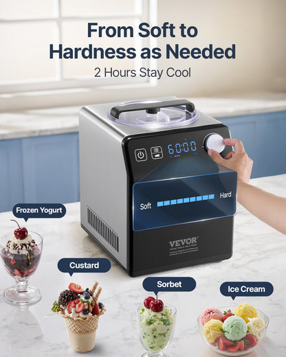Upright Automatic Ice Cream Maker with Built-in Compressor, 2 Quart No Pre-freezing Fruit Yogurt Machine, Stainless Steel Electric Sorbet Maker, 4 Modes Gelato Maker with Digital Display & Timer