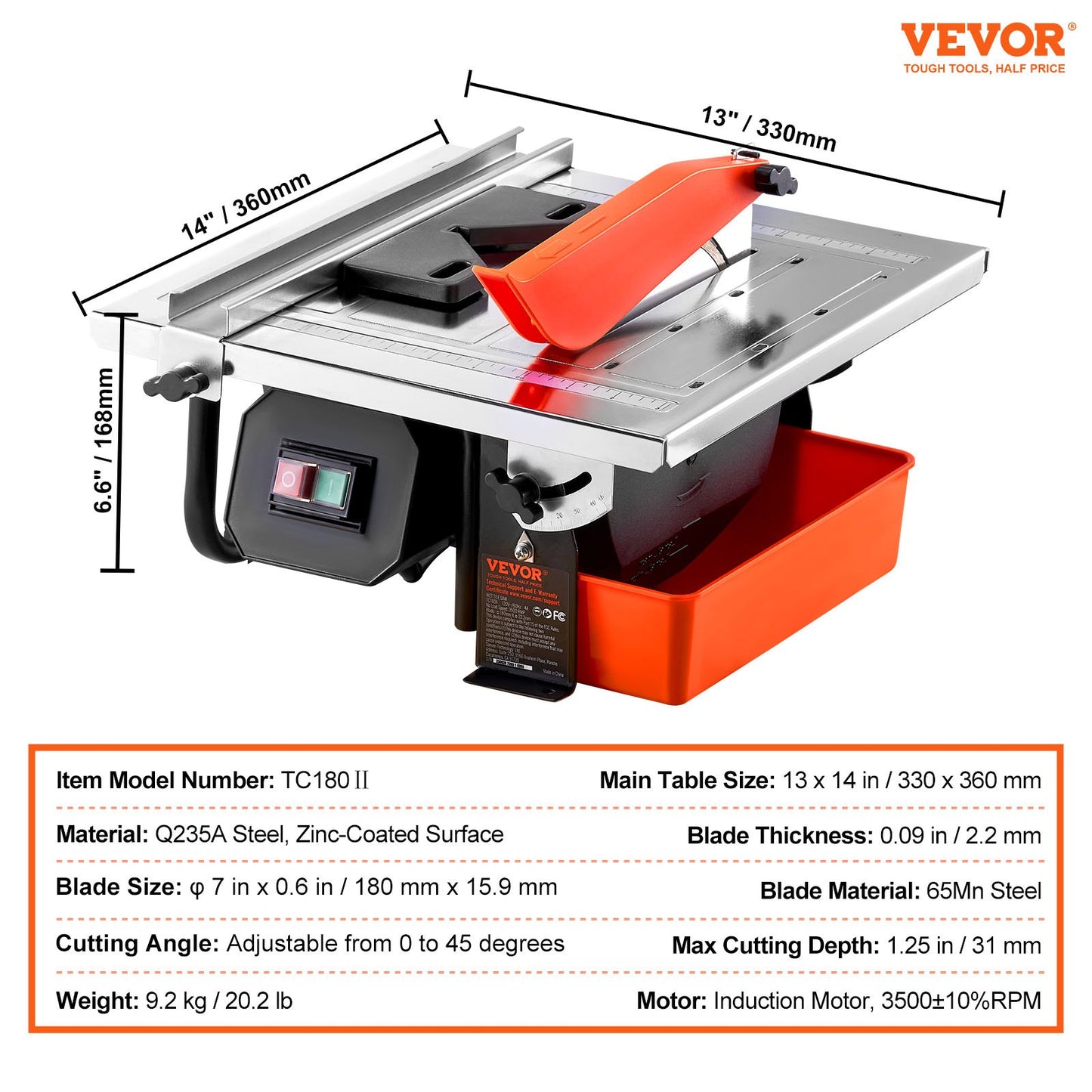 Wet Tile Saw, 7-inch 65Mn Steel Blade, 3500 RPM Induction Motor, Tile Cutter Wet Saw with Water Reservoir, 0-45 Degrees Miter Angle for Cutting Tiles and Stones, for DIY Enthusiasts