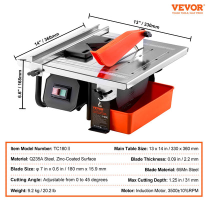 Wet Tile Saw, 7-inch 65Mn Steel Blade, 3500 RPM Induction Motor, Tile Cutter Wet Saw with Water Reservoir, 0-45 Degrees Miter Angle for Cutting Tiles and Stones, for DIY Enthusiasts