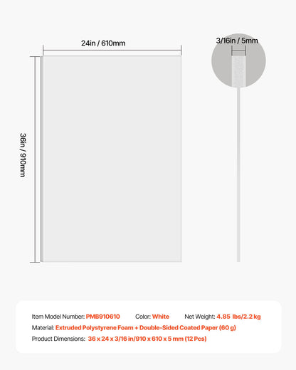 Foam Board, 12 Pack 24 x 36 Inch, 3/16 Inch Thickness White Poster Board, Acid-Free Double Sided Foam Core Sheets for Mounting, Crafts, Paintings Prints, Art, Display, Presentation and Projects