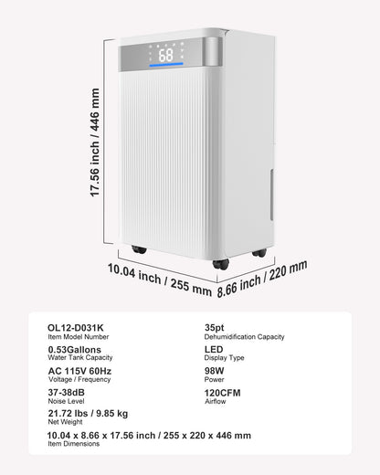 35 Pints Dehumidifier for Home & Basement, Drain Hose for Commercial & Industrial Use, Smart Humidity Control, Low Noise for Large Rooms, Warehouses, Bedrooms & Storage, Large Coverage,White