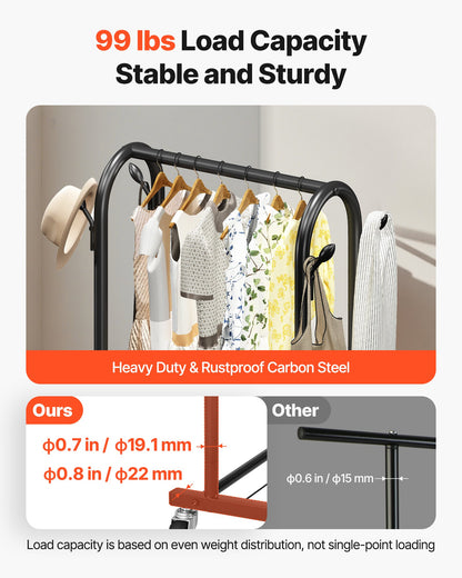 Clothes Rack, Rolling Clothing Garment Rack with Hanging Rod and Side Hooks, 3 Storage Shelves, 99 lbs Load Capacity, Heavy Duty Carbon Steel Clothing Racks for Bedroom, Laundry, Living Room